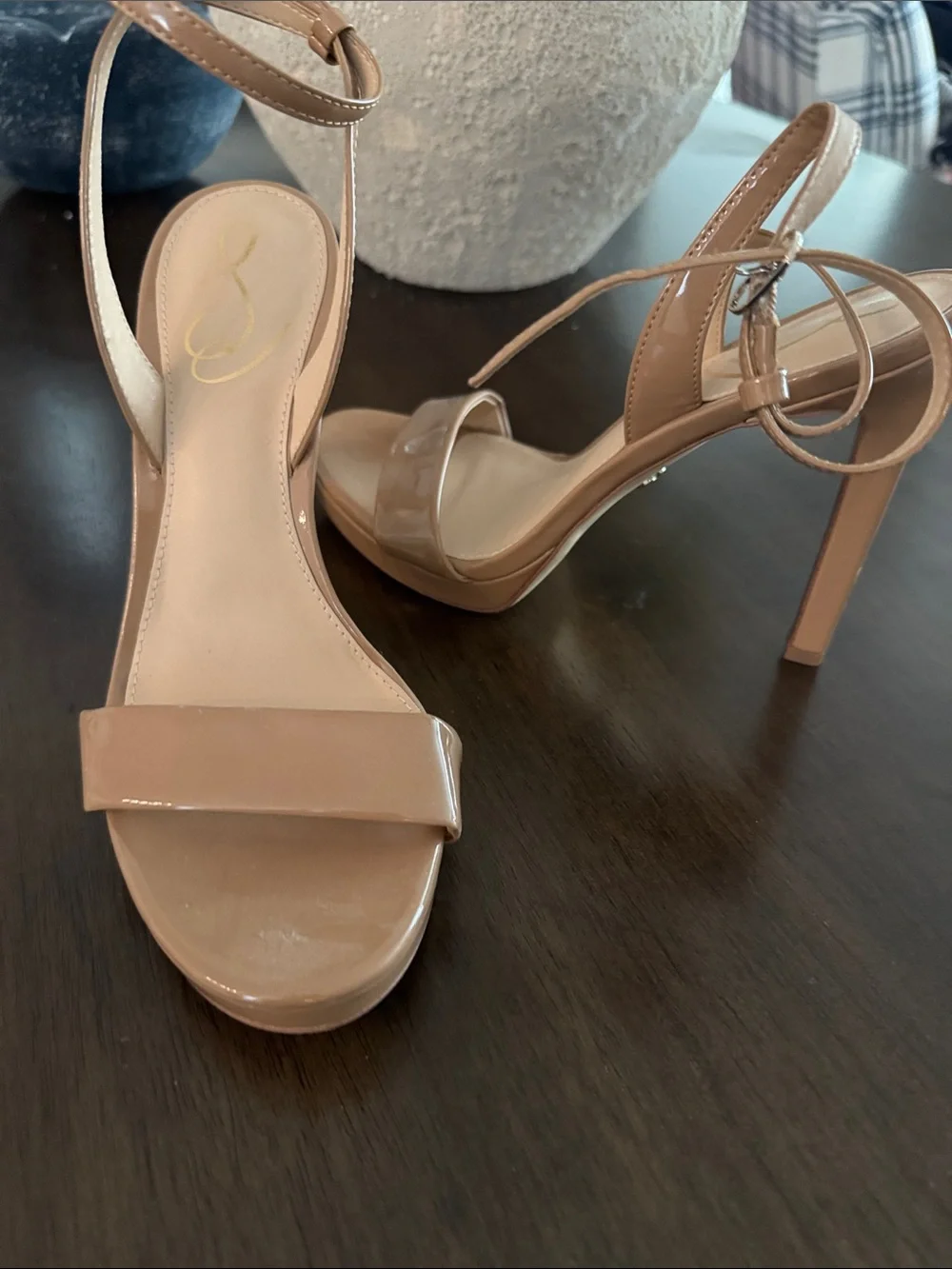 Jessica Simpson Nude Patent Ankle-Strap Stiletto Sandals
